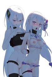 2girls :q absurdres arms_behind_back bare_shoulders black_choker black_legwear bondage bound breasts butterfly_hair_ornament choker cleavage_cutout closed_mouth clothing_cutout collar collarbone commentary_request dildo echidna_(re:zero) emilia_(re:zero) eyebrows_visible_through_hair femdom femsub hair_between_eyes hair_ornament heart heart-shaped_pupils heart_cutout highres holding holding_dildo leash long_hair looking_at_viewer medium_breasts misan_(dd) multiple_girls navel nipple_piercing nipples open_mouth piercing pubic_tattoo purple_eyes pussy re:zero_kara_hajimeru_isekai_seikatsu red_eyes sex_toy simple_background smile symbol-shaped_pupils tattoo tears thighhighs tongue tongue_out vibrator white_background white_hair white_legwear yuri