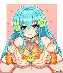 1boy 1girls alternate_breast_size big_breasts blue_eyes blue_hair blush breasts clothed_female_nude_male cute eirika_(fire_emblem) eye_contact fire_emblem fire_emblem:_the_sacred_stones fire_emblem_heroes happy happy_paizuri happy_sex large_breasts light-skinned_female light-skinned_male light_skin long_hair male_pov moursho nintendo paizuri paizuri_lead_by_female paizuri_on_lap paizuri_under_clothes pov precum smile straight