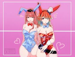 2020 2girls animal_ears arms_behind_back artist_name ass_visible_through_thighs bangs bare_shoulders belt bow bowtie breasts bunny_ears bunny_girl bunnysuit chef_hat cleavage clothing covered_navel crown eyebrows_visible_through_hair eyes_visible_through_hair fake_animal_ears female female_only gradient_hair green_hair hair_ornament hairband heart highres hololive hololive_english hololive_myth large_breasts leotard lips long_hair looking_at_viewer minxei mori_calliope multiple_girls neckerchief orange_hair pink_background pink_eyes pink_hair polka_dot purple_hair smile standing takanashi_kiara teeth thick_thighs thigh_gap thighs virtual_youtuber watermark wide_hips