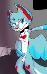 absurd_res angel_dragon anthro balls blue_body blue_fur blue_knot blush bodily_fluids cum cum_leaking dragon dutch_angel_dragon fur genital_fluids genitals green_eyes hart_the_dutchie heart heart_marking hi_res knot male male_only no_love_(artist) red_body red_fur selfie solo throbbing white_body white_fur