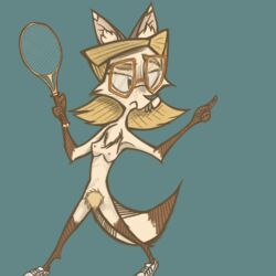 1:1 anthro arctic_fox artic breasts canid canine chuchito72 clothing eyewear female footwear fox genitals glasses hairy_pussy mammal nude pussy raquel shoes simple_background small_breasts sneakers solo tennis_racket