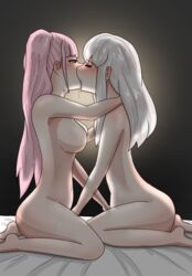 2girls amamitsu9 bed blush breasts female female_only fingering fingering_partner fire_emblem fire_emblem:_three_houses hilda_valentine_goneril kissing large_breasts long_hair lysithea_von_ordelia multiple_girls mutual_masturbation nintendo nude nude_female on_bed photo pink_eyes pink_hair saliva saliva_trail simple_background small_breasts sweat twintails white_hair yuri