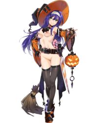 1girls alternate_costume armpits broom casual_nudity edit fire_emblem fire_emblem:_path_of_radiance fire_emblem:_radiant_dawn fire_emblem_heroes green_eyes halloween halloween_costume long_sleeves looking_at_viewer medium_breasts mia_(fire_emblem) mia_(halloween)_(fire_emblem) naked_stockings nintendo nipples nude nude_edit nude_female nude_filter official_art purple_hair pussy smile solo solo_female witch witch_hat yoneyama_mai