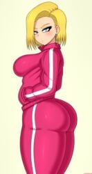 1girls android_18 big_breasts blonde_hair dragon_ball dragon_ball_super drunkavocado earrings female_only jacket looking_at_viewer short_hair tagme track_jacket track_pants track_suit