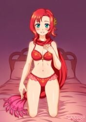 1girls bedroom bedroom_eyes bikini blush burbur cleavage fire_emblem fire_emblem:_new_mystery_of_the_emblem fire_emblem:_shadow_dragon green_eyes kneeling looking_at_viewer medium_breasts medium_hair nintendo norne_(fire_emblem) on_bed red_bikini red_hair red_swimsuit scarf smile solo solo_female swimsuit