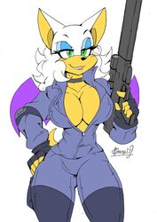 1girls akatsukishiranui-fox alternate_costume alternate_hairstyle animal_ears anthro bat bat_wings boiler_suit cleavage female_only fingerless_gloves furry green_eyes gun humanoid large_breasts long_hair mammal ranged_weapon rifle rouge_the_bat solo sonic_(series) weapon wings zipper