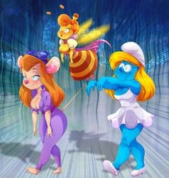 bee blue_skin breasts chip_'n_dale_rescue_rangers cleavage crossover disney furry gadget_hackwrench hypnosis mind_control mouse multiple_girls queenie rhaz smurfette tagme the_smurfs