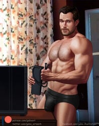 1boy abs bara beard biceps big_muscles black_hair black_underwear blue_eyes body_hair bulge celebrity chest_hair dilf facial_hair gabo_artist hairy hairy_chest hairy_male hairy_thighs henry_cavill holding_object human human_only looking_at_viewer male male_chest male_focus male_only muscle muscles muscular muscular_male nipples pc pecs pectorals penis_in_underwear solo solo_focus solo_male standing topless underwear underwear_only veiny_muscles