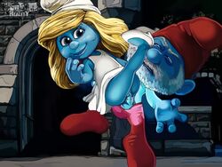 1girls blonde_hair blue_skin cartoonreality.com papa_smurf smurfette tagme the_smurfs the_smurfs_(2011_film)