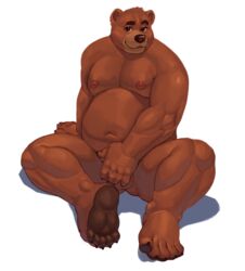 abe.a anthro balls barazoku belly brown_bear brown_body brown_fur erect_nipples feet fingers fur genitals hi_res hindpaw male male_only mammal moobs navel nipples orange_eyes overweight paws pose sitting smile solo thick_thighs ursid ursine