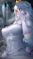 1girls after_paizuri after_sex bangs belly belly_button big_breasts blunt_bangs blurry_background blush boosette bowtie breasts busty cleavage covered_navel crown cum cum_between_breasts cum_drip cum_in_cleavage cum_in_clothes cum_on_breasts cum_on_clothes cum_string cum_trail cum_under_clothes cumdrip earrings embarrassed eyelashes female female_focus female_only hair_between_eyes hizake huge_breasts indoors kashu_(hizake) large_breasts light-skinned_female light_skin long_hair luigi's_mansion mario_(series) mini_crown navel new_super_mario_bros._u_deluxe nintendo paizuri red_eyes shy solo solo_female standing sunlight super_crown sweat sweatdrop titfuck underboob upper_body viewed_from_below white_hair wide_eyed