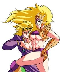 1boy 1boy1girl 1girls abs blonde_hair blonde_hair_female blonde_hair_male breast_press breasts distracted female giorno_giovanna gold_experience gold_experience_requiem humanized humanoid jojo's_bizarre_adventure male muscular muscular_female rule_63 shounen_jump stand_(jjba) tinafate1 underboob vento_aureo white_background