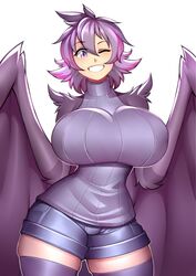 1girls bat_girl breasts breasts_bigger_than_head female female_only fully_clothed huge_breasts humanoid one_eye_closed purple_clothing purple_eyes purple_fur purple_hair roadi3 short_hair simple_background skindentation slender_waist slim_waist smiling solo standing sweater thick_thighs thighhighs thin_waist twitter twitter_username white_background wide_hips winged_arms wings