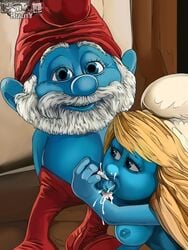 1girls blonde_hair blue_skin cartoonreality.com cum cum_in_mouth papa_smurf smurfette tagme the_smurfs the_smurfs_(2011_film)