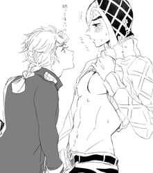 2boys being_undressed blush bulge clothed_erection giorno_giovanna guido_mista jojo's_bizarre_adventure male_nipples male_only monochrome nipple_play nipples shirt_lift sxe6w6 tears vento_aureo yaoi