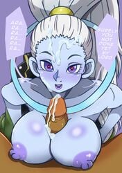 angel_(dragon_ball) big_penis blue_skin chesterzee cum cum_on_body cum_on_face dark-skinned_male dark_skin dragon_ball dragon_ball_super female_focus gokubuttonzee heart-shaped_pupils looking_at_partner looking_at_viewer paizuri ponytail vados white_hair