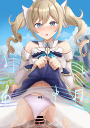 1boy bangs barbara_(genshin_impact) bare_shoulders blonde_hair blue_eyes blush breasts censored cowgirl_position detached_sleeves dress drill_hair eyebrows_visible_through_hair female genshin_impact grinding hair_ornament hat long_hair long_sleeves looking_at_viewer male_pov nohhun nun open_mouth panties panties_aside pantyhose penis pov pov_eye_contact pussy skirt skirt_lift solo_focus straddling straight sweat thighs twin_drills twintails underwear white_dress white_headwear white_legwear