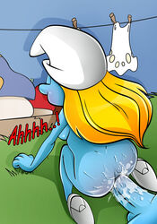 1girls all_fours batothecyborg bent_over blonde_hair blue_skin cum cum_in_ass doggy_style from_behind smurfette tagme the_smurfs