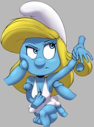 1girls armpit armpit_sex billboi blonde_hair blue_skin cheek_poke medium_breasts multiple_penises penis_on_face smurfette tagme the_smurfs