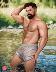 1boy beard celebrity circumcised gabo_artist hairy_chest hand_on_head male male_only nature penis_under_clothes river short_penis small_penis solo thick_penis translucent_clothing underwear underwear_only white_underwear zac_efron