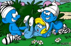 1girls blonde_hair blue_skin imminent_rape nipples restrained smurfette tagme the_smurfs tooners