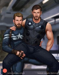 2boys avengers bulge captain_america captain_america_(series) celebrity chris_evans chris_hemsworth clothed fingerless_gloves gabo_artist gay human human_only light-skinned_male light_skin male male_only marvel marvel_cinematic_universe sitting_on_lap steve_rogers thor_(marvel) thor_(series) yaoi