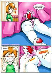 anthro ass bed blush bodily_fluids butt_grab clothed clothing comic drooling duo ero-mania eromania female furniture hand_on_butt lagomorph leporid male mammal panties rabbit rape_face rear_view rita_(vanja) roy_(vanja) saliva teenager underwear vanja young