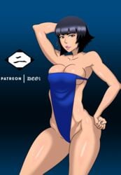 1girls bimbo black_hair bleach blue_swimsuit curvaceous curvy curvy_body curvy_figure deoarts hourglass_figure looking_at_viewer medium_breasts muscular_female patreon posing short_hair simple_background soifon solo solo_female swimsuit thick_legs thick_thighs wide_hips