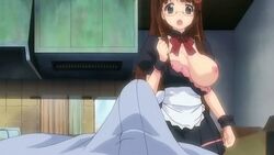 1boy 1girls animated apron blush bouncing_breasts breasts breasts_out brown_hair bulge embarrassed fake_animal_ears getting_erect glasses green_eyes imminent_sex isshoni_h_shiyo large_breasts long_hair maid maid_outfit nipples one_breast_out screencap subtitled tsuji_suzuran wardrobe_malfunction