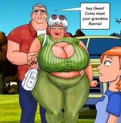 age_progression ben_10 dialogue fat_woman gender_transformation gilf green_eyes gwen_tennyson huge_breasts incest male max_tennyson obese obese_female overweight_female saturnxart shocked_expression uncle_and_nephew what white_hair