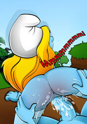 1girls batothecyborg blonde_hair blue_skin cum cum_in_pussy smurfette tagme the_smurfs