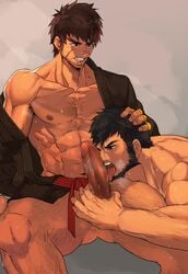 2boys abs ass_visible_through_thighs bara bare_chest beard brown_hair censored chest dungeon_and_fighter dungeon_fighter_online erection facial_hair feet_out_of_frame fighter_(dungeon_and_fighter) gay grappler_(dungeon_fighter) hairy japanese_clothes kimono licking licking_penis male male_fighter_(dungeon_and_fighter) male_focus male_only male_priest_(dungeon_and_fighter) mosaic_censoring multiple_boys naked_kimono navel nikism nipples nude open_clothes open_kimono penis priest_(dungeon_and_fighter) short_hair smile spread_legs sweat thick_eyebrows thick_thighs thighs toned toned_male tongue tongue_out veins veiny_penis yaoi