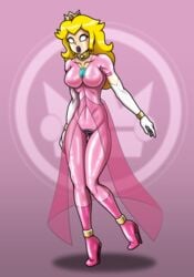 1girls animate_inanimate blonde_hair bodysuit breasts clothing doll dollification female female_only full_body latex mario_(series) nintendo pink_background princess_peach re-maker remaker round_mouth rubber sex_doll sex_doll_holes sex_doll_transformation solo standing tagme tight_clothing transformation whitewash_eyes