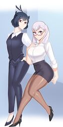 2girls black_clover black_hair black_skirt blouse blush breasts business_suit business_woman clothed dress_shirt female female_only flat_chest fully_clothed glasses hand_on_chest heels horn hourglass_figure jeans large_breasts leggings legwear linkxs long_hair long_legs looking_at_viewer miniskirt multiple_girls noelle_silva office office_lady pantyhose pencil_skirt plain_background pose posing purple_eyes red_eyes secre_swallowtail short_hair silver_hair skirt skirt_suit small_breasts small_waist thick_thighs thighs tight_skirt twintails white_blouse white_shirt wide_hips