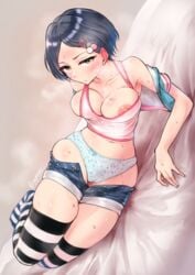 bangs black_hair blue_panties blue_shorts blush breasts collarbone commentary_request cutoffs denim denim_shorts eyelashes female gojarun hair_ornament hayami_kanade heart heart_hair_ornament highres idolmaster idolmaster_cinderella_girls large_breasts looking_at_viewer lying navel nipple_slip nipples on_bed on_side open_clothes panties parted_bangs pink_tank_top short_hair short_shorts shorts shorts_down skindentation small_clothes solo stomach striped striped_legwear sweat tank_top thighhighs thighs twitter_username underwear yellow_eyes