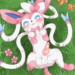 1boy ass balls blue_eyes blush canine claws cute cute_fang eeveelution flowers fluffy fluffy_tail fur grass happy heart kiyorakachi knot laying_down looking_at_viewer mammal nintendo open_mouth pawpads paws pink_fur pokémon_(species) pokemon pokemon_(species) precum ribbons sylveon tail tongue tongue_out