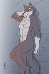 2020 abs against_wall anthro athletic athletic_anthro athletic_male canid canine canis chest_tuft countershade_face countershade_torso countershading digital_media_(artwork) fur greyscale hand_behind_head heresy_(artist) hi_res inner_ear_fluff leaning leaning_back looking_at_viewer male male_only mammal monochrome navel nude on_one_leg pecs pike_(rimba_racer) pinup pose pubes pubic_fluff rimba_racer smile solo standing teeth tuft wolf