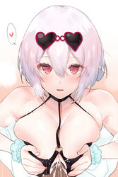 1boy 1girls azur_lane bangs bare_shoulders bikini black_bikini blush breast_squeeze breasts cleavage cum cum_on_body cum_on_breasts dark-skinned_male dark_skin eyewear_on_head female heart heart-shaped_eyewear highres large_breasts light-skinned_female light_skin looking_at_viewer low_twintails male_pov paizuri penis perpendicular_paizuri pov red_eyes royal_navy_(azur_lane) short_hair short_twintails sirius_(azur_lane) sirius_(scorching-hot_seirios)_(azur_lane) smile straight sunglasses swimsuit twintails white_hair yamaguchi_(shinigami-no-barad)