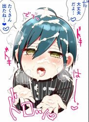 1boy blue_hair blush clothed clothing cum cum_in_hands cum_in_mouth cum_on_body cum_on_face cum_on_hair cum_on_hand cum_on_tongue danganronpa facial femboy from_above heart-shaped_pupils heavy_breathing japanese_text male_only open_mouth quiver saihara_shuuichi shiver solo_male speech_bubble straight_hair tagme text unusual_pupils yellow_eyes