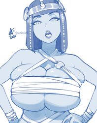 1girls arm_wraps aurahack bandeau big_breasts blunt_bangs bob_cut breast_squish breast_wrap breasts bursting_breasts chest_wraps cleavage cleavage_overflow egyptian female female_only huge_breasts large_breasts looking_at_viewer menat_(street_fighter) monochrome overboob overflowing_breasts sarashi solo solo_female street_fighter underboob