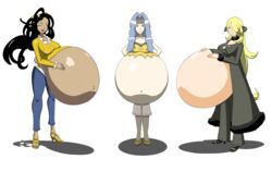 3girls belly_bulge big_belly black_hair blonde_hair closed_eyes cynthia_(pokemon) dahlia_(pokemon) elite_four female_only jacket karen_(pokemon) long_hair midriff navel pokémon pokemon pokemon_champion pokemon_dppt pokemon_hgss satisfied short_hair silver_hair spooky-gh0st stuffed tagme