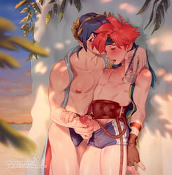 2boys against_wall belt blue_eyes blue_hair blush bracelet brown_gloves chest_hair cup drinking_glass drinking_straw english_commentary fingerless_gloves fire_emblem fire_emblem:_mystery_of_the_emblem fire_emblem:_shadow_dragon_and_the_blade_of_light fire_emblem:_the_binding_blade gay gloves half-closed_eyes handjob head_wreath jewelry looking_down male male/male male_focus male_only male_pubic_hair male_swimwear marth_(fire_emblem) meep meep_(mi_ppu) multiple_boys nipples open_mouth pubic_hair red_hair roy_(fire_emblem) sunset swim_briefs swim_trunks swimsuit_pull swimwear tree_shade vest watermark yaoi