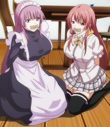 2girls arms_behind_back bondage bound clothed female femsub gag gagged kneeling maid multiple_girls multiple_subs restrained skirt tape tape_gag taped_mouth thighhighs toriko_no_kusari