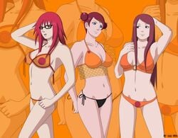 3girls bangs bare_shoulders bikini blue_eyes breasts cleavage double_bun facial_mark female female_only forehead_mark fully_clothed glasses hair_ornament hairclip hau_ren long_hair naruto naruto_(series) naruto_shippuden orange_background posing purple_eyes red_eyes red_hair reflection side-tie_bikini smile string_bikini swimsuit symbol tied_hair uzumaki_karin uzumaki_kushina uzumaki_mito zoom_layer