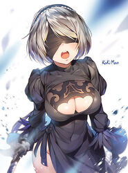 1girls artist_name black_dress blindfold blindfolded bottomless breasts cleavage cleavage_cutout kakiman large_breasts nier nier:_automata open_mouth robot robot_girl yorha_2b