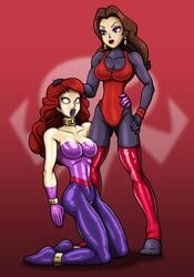 2girls animate_inanimate bodysuit breasts captain_syrup clothing curly_hair doll dollification earrings female female_only femdom femsub full_body kneeling latex long_hair mario_(series) multiple_girls nintendo pauline re-maker red_background red_hair redhead remaker round_mouth rubber sex_doll sex_doll_holes sex_doll_transformation simple_background standing tagme wario_land whitewash_eyes