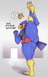 angry anthro ass avian big_butt bird blue_body blush bulge canid canine clothing detailed_bulge dialogue duo falco_lombardi falcon falconid flexible fox fox_mccloud hi_res male male_only mammal navel nintendo on_one_leg one_leg_up panties raised_leg shirt speech_bubble splits spread_legs spreading standing star_fox sxfpantera tank_top thick_thighs topwear underass underwear vertical_splits video_games yellow_body