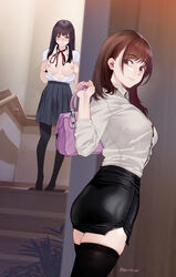 2girls absurdres artist_name bag bangs beige_shirt black_hair black_legwear black_skirt blue_skirt blush breasts brown_eyes brown_hair closed_mouth collared_shirt commentary_request dated eyebrows_visible_through_hair from_side handbag highres hitomi_o holding holding_bag indoors large_breasts looking_at_viewer looking_to_the_side multiple_girls neck_ribbon nipples no_bra no_shoes nose_blush original pantyhose partially_unbuttoned pencil_skirt pleated_skirt purple_bag red_ribbon ribbon school_uniform shirt shirt_tucked_in skirt stairs straight_hair thighhighs white_shirt zettai_ryouiki