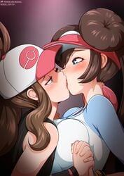 2girls alternate_breast_size big_breasts blue_eyes blush breast_press breast_to_breast breasts brown_hair cap clothed clothing double_bun eye_contact female female_only french_kiss french_kissing game_freak hairbuns hand_holding hat headwear high_resolution hilda_(pokemon) holding_hands human kissing large_breasts lesbian lesbian_kiss long_hair looking_at_each_other looking_pleasured neocoill nintendo pokemon pokemon_bw pokemon_bw2 ponytail rosa_(pokemon) saliva tongue wink yuri