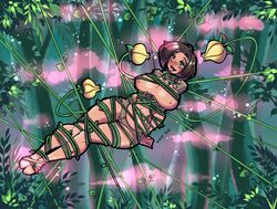 1girls barefoot black_hair blush breasts breasts_out drugged female female_only flora_fauna flower forest forest_background fumes green_eyes looking_pleasured medium_hair neo-edo-exican nipples open_mouth restrained solo solo_female solo_focus tongue_out very_high_resolution vines